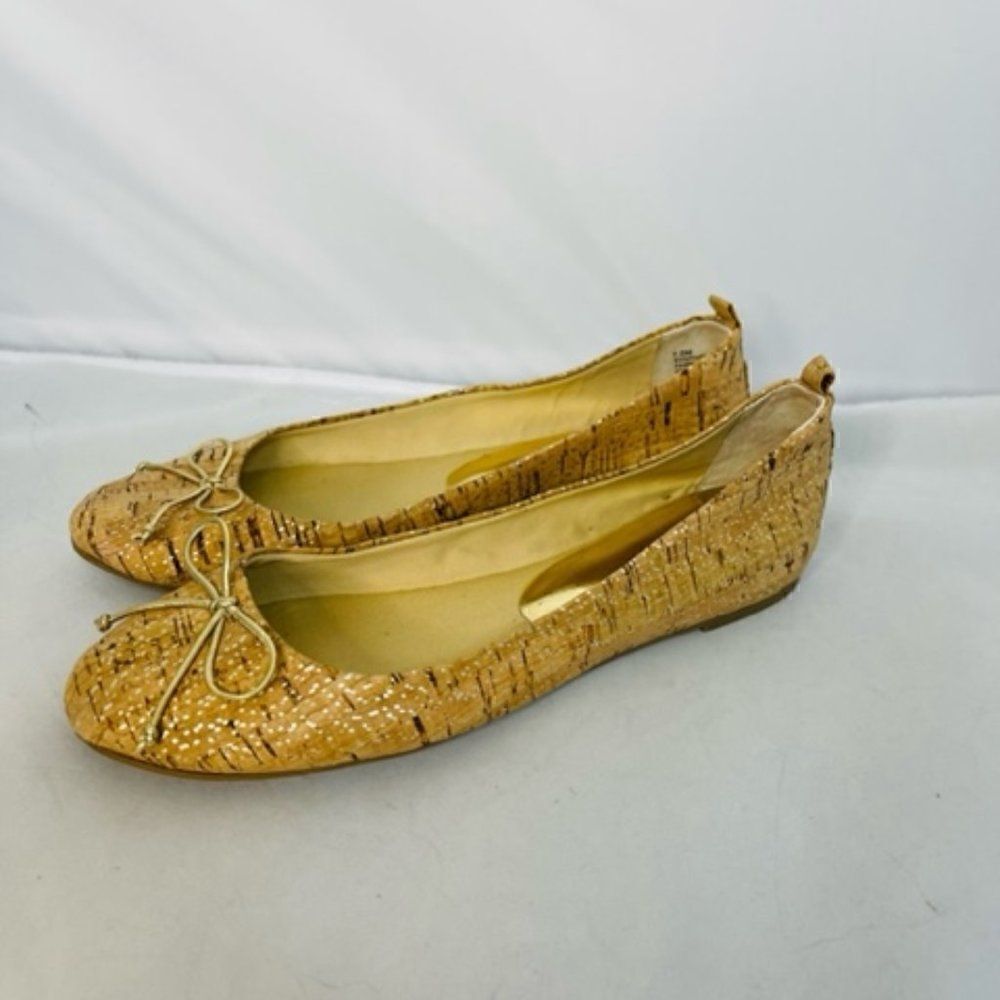 Chico's Cork-Textured Tan Ballet Flats with Bow Accent